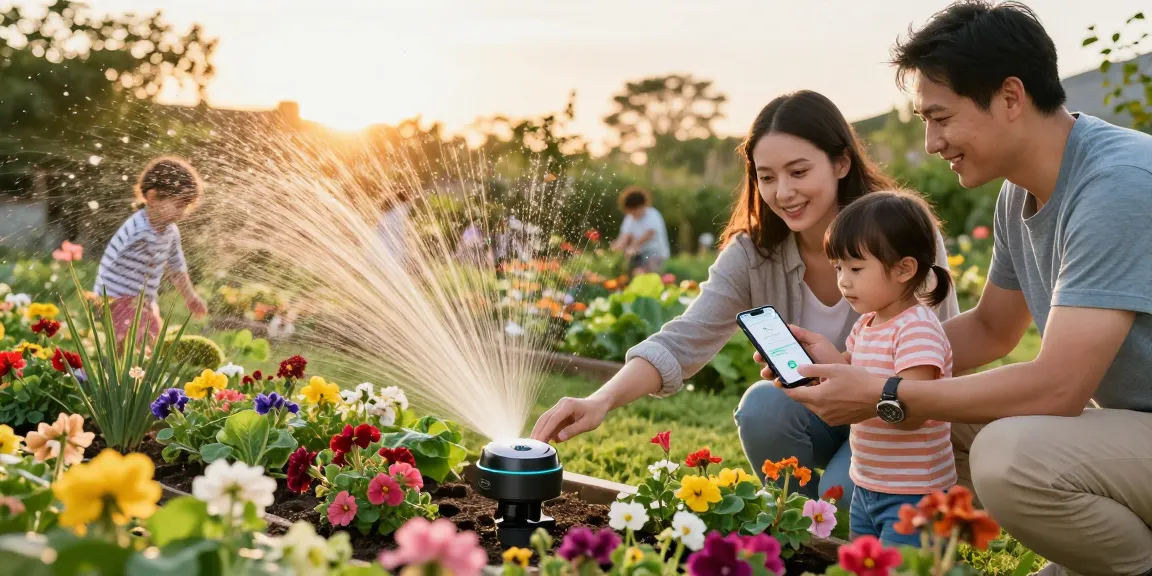 Family using the rainpoint sprinkler timer in their vibrant garden, enjoying effective watering.