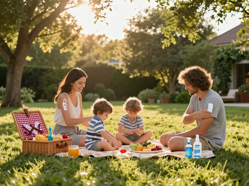 Family applying Best Mosquito Repellent while enjoying a summer picnic outdoors.