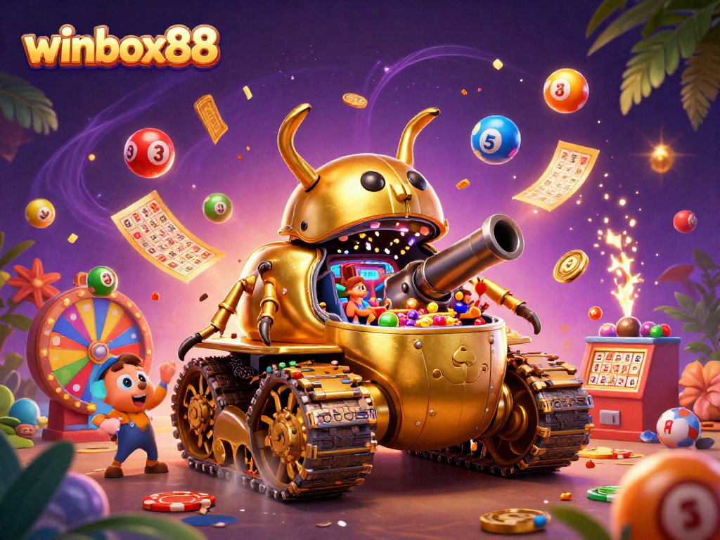 Winbox88 welcomes players to a lively casino world with a golden beetle tank and vibrant lottery games.
