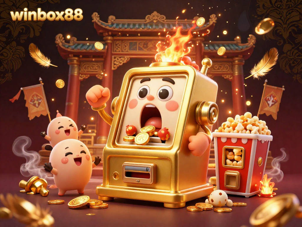 Experience the excitement of winbox88 as the golden slot machine hits a jackpot, showering coins in this vibrant casino scene.