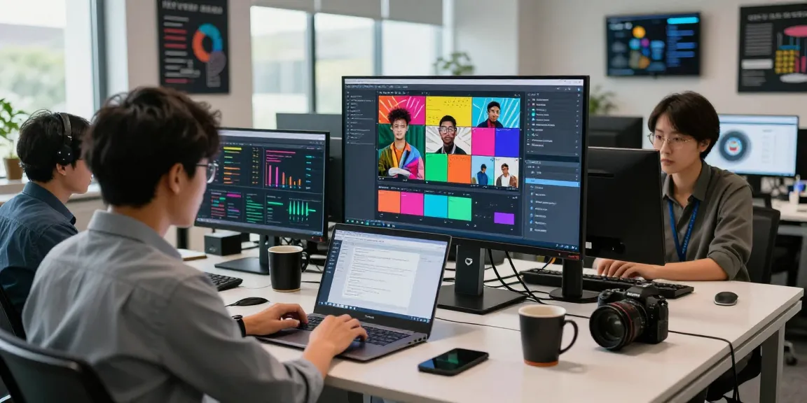 AI image detector in action, data scientists analyzing images in a tech office environment.