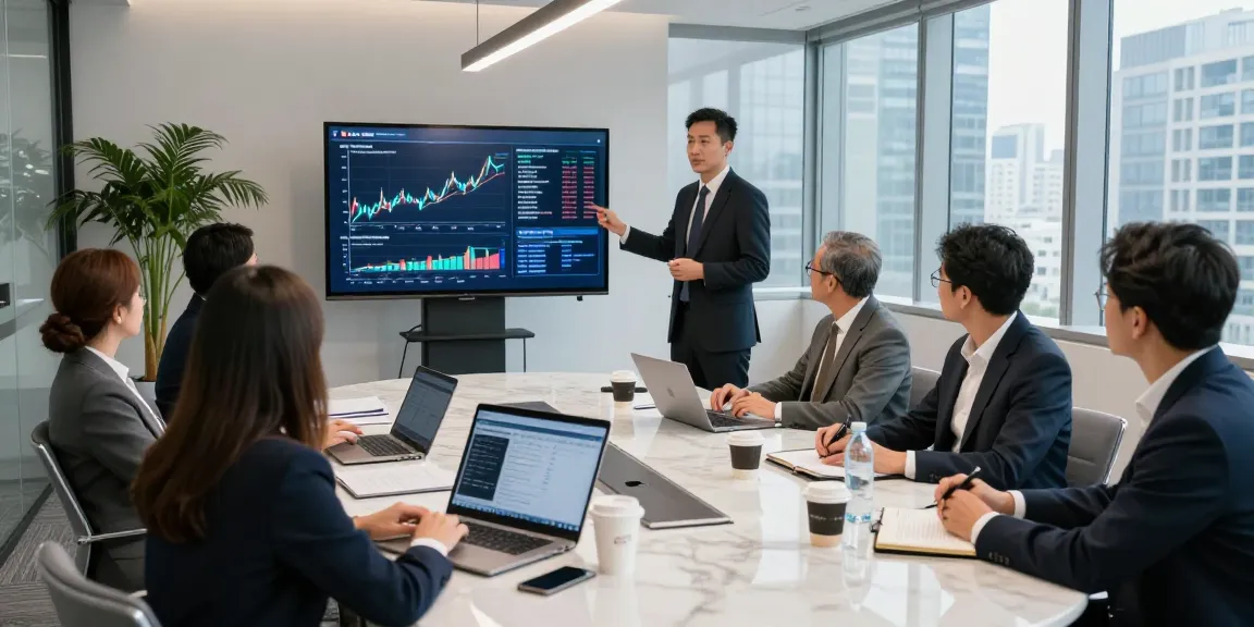 Investment professionals analyzing strategies related to Third Eye Capital in a modern conference room.