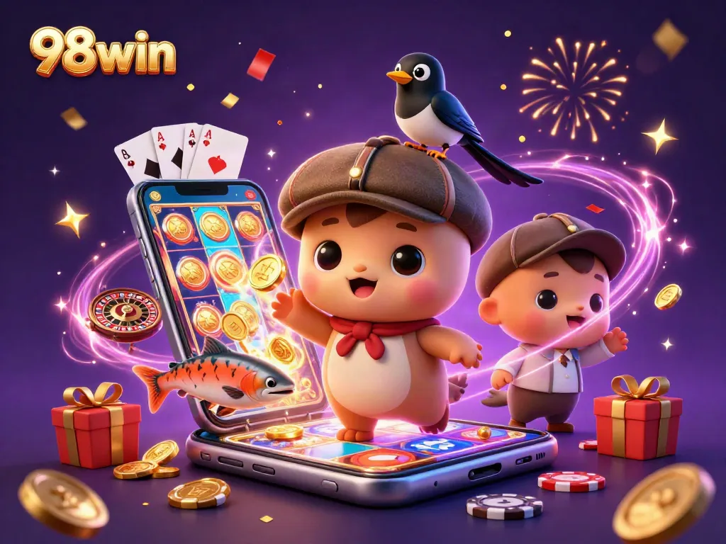 Engage with 98win's dynamic online gaming atmosphere featuring vibrant characters and casino fun.