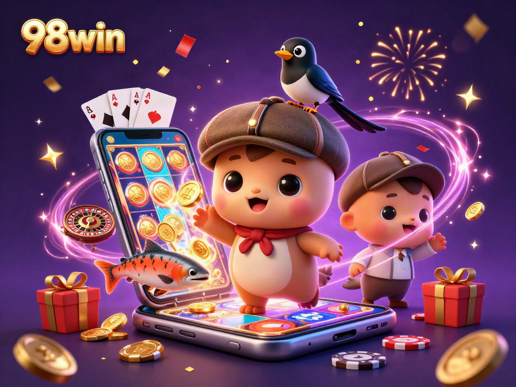 Engage with 98win's dynamic online gaming atmosphere featuring vibrant characters and casino fun.