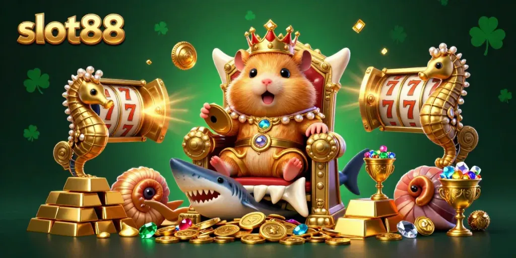 Win big with slot88 in a vibrant scene featuring a hamster king and treasure elements.