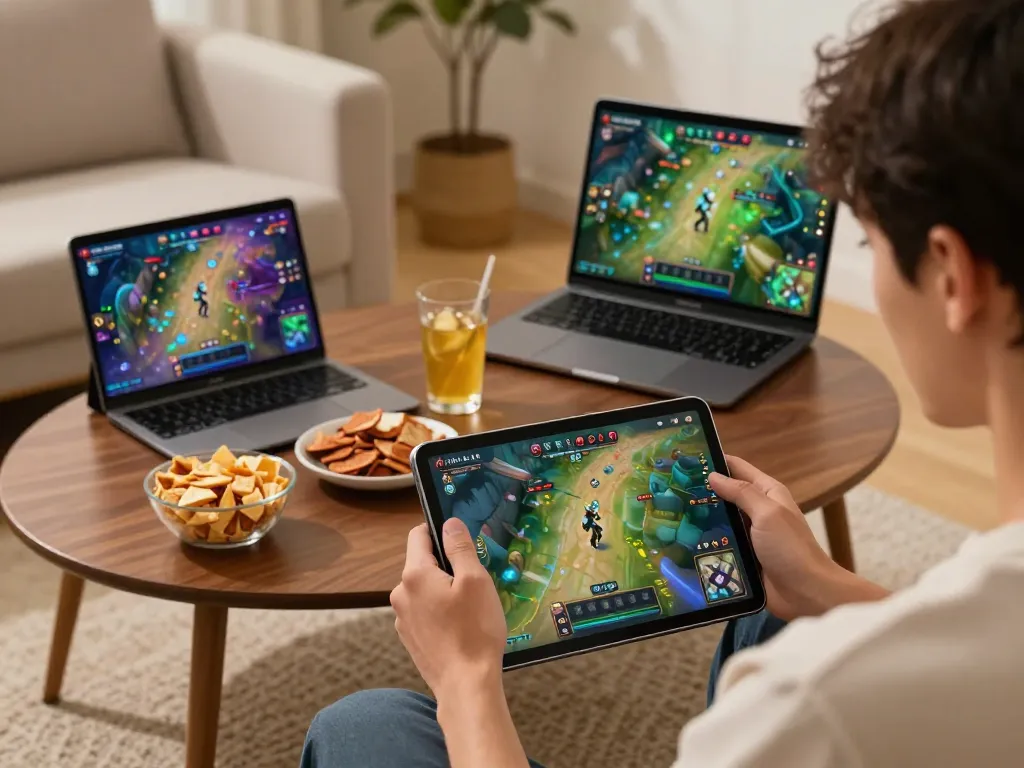 Engaging gameplay of game nổ hũ on a tablet in a cozy home setting.