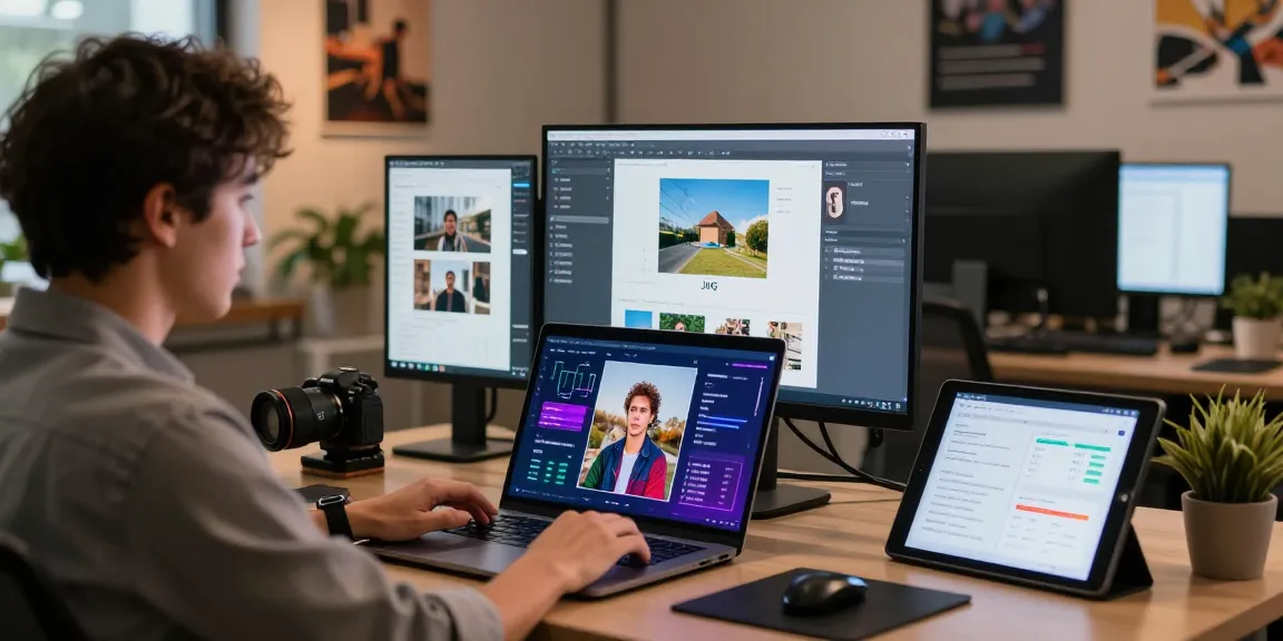 Free AI detector in action with professional analyzing an image in a tech workspace.