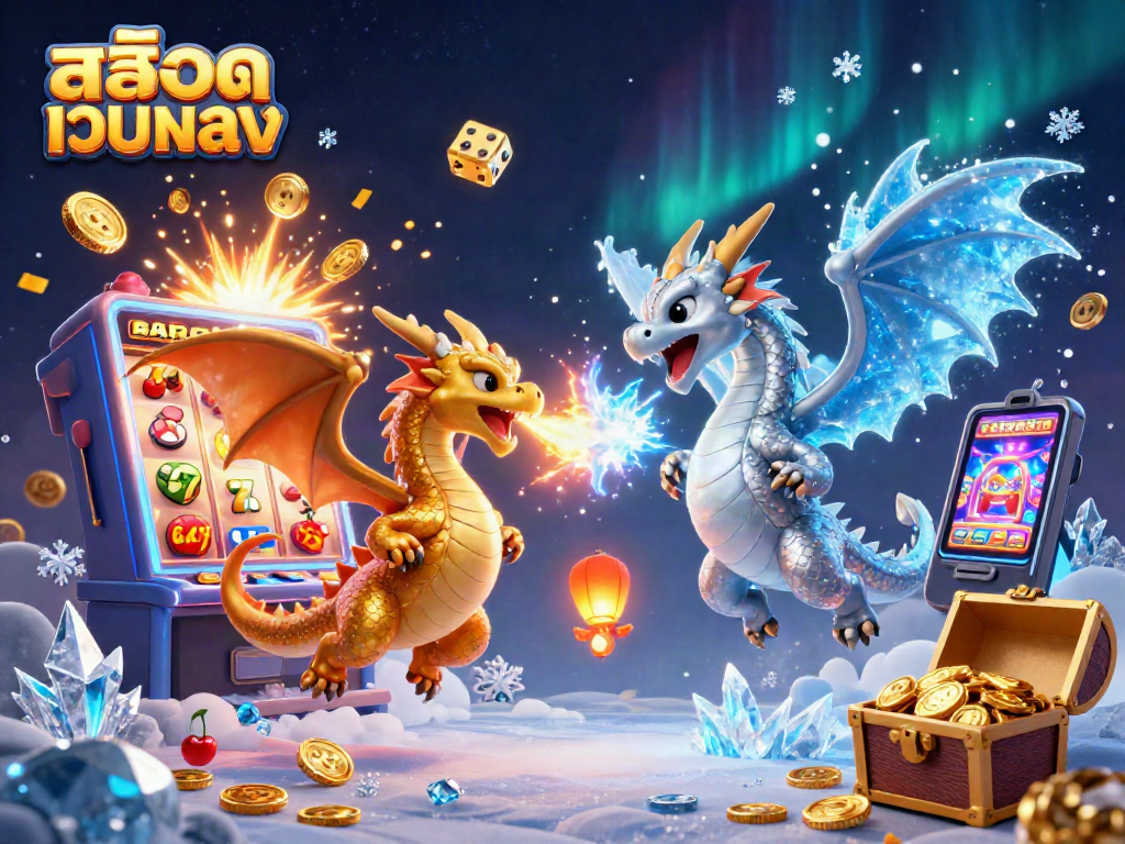 Experience vibrant gameplay with สล็อตเว็บตรง as dragons battle amid jackpot explosions and casino elements in a magical 3D scene.