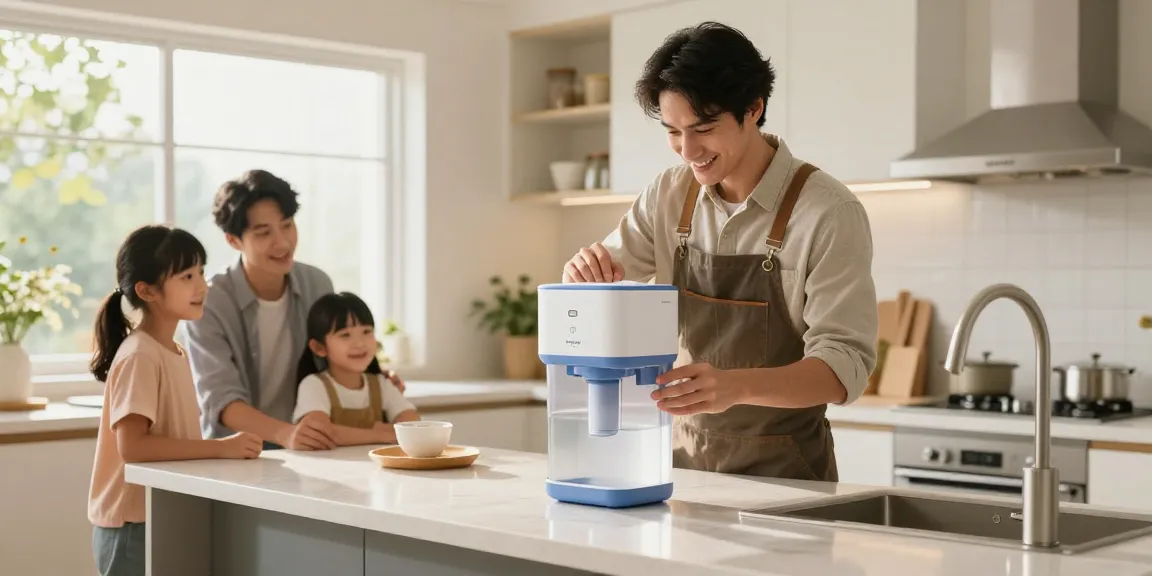 Waterdrop ED11W Rechargeable Water Filter Dispenser being used by a trusted local service provider in a clean kitchen.