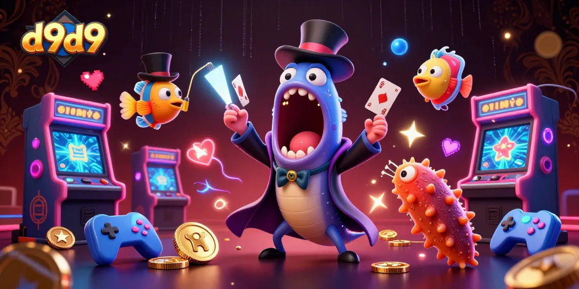 Magical na pag-play ng d9d9 gamit ang mga karakter ng casino sa isang makulay at masiglang tagpo.