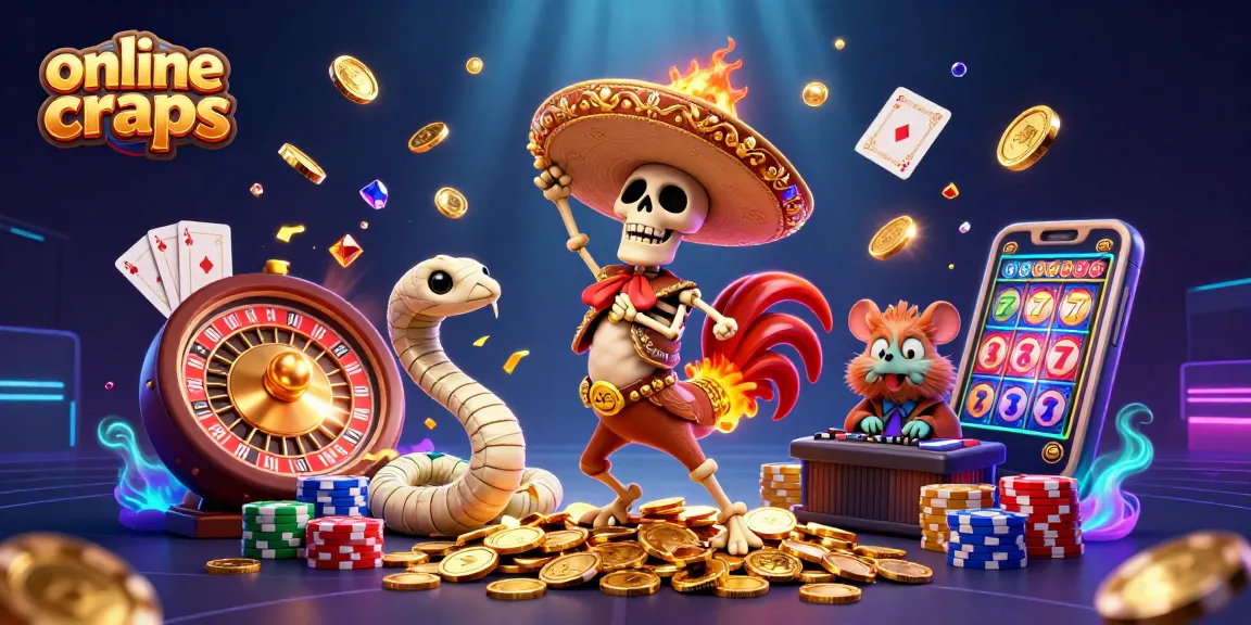 Engage with online craps through a vibrant scene featuring a mariachi rooster dancing amidst casino treasures.