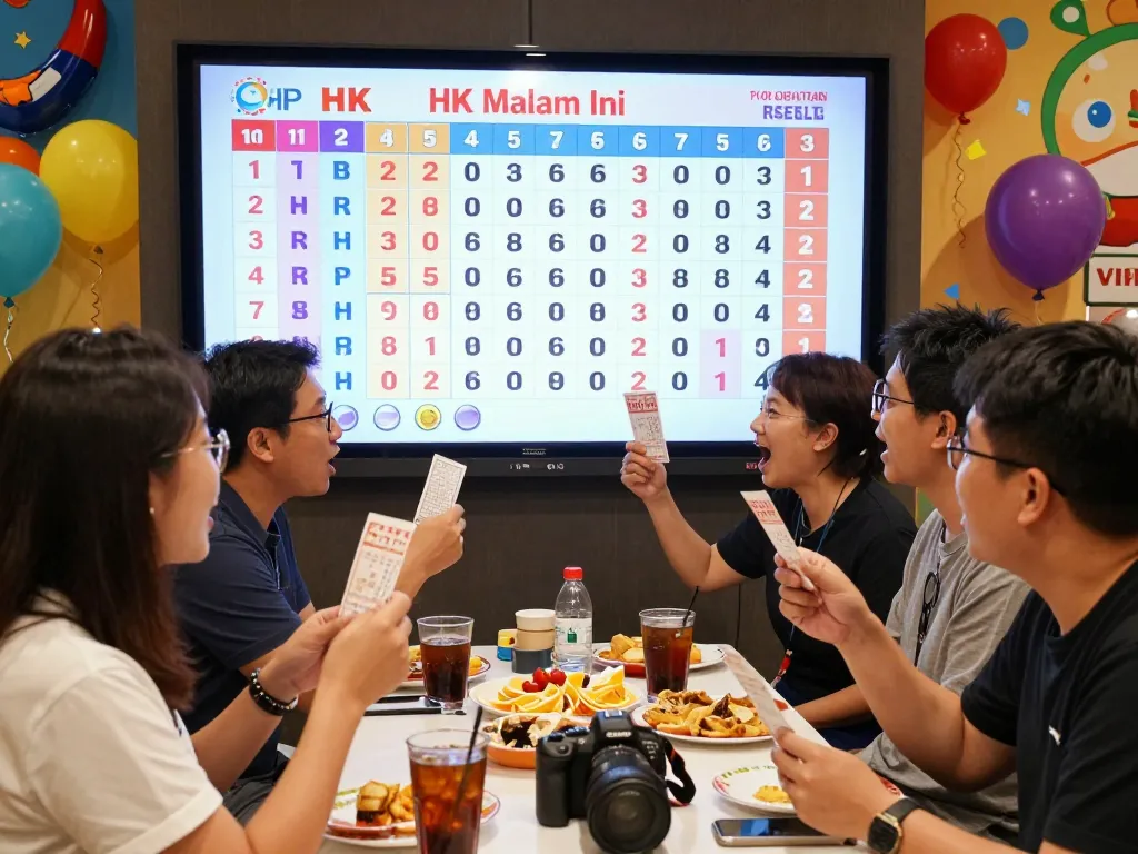 Cheerful group celebrating HK Malam Ini lottery results surrounded by tickets and snacks.