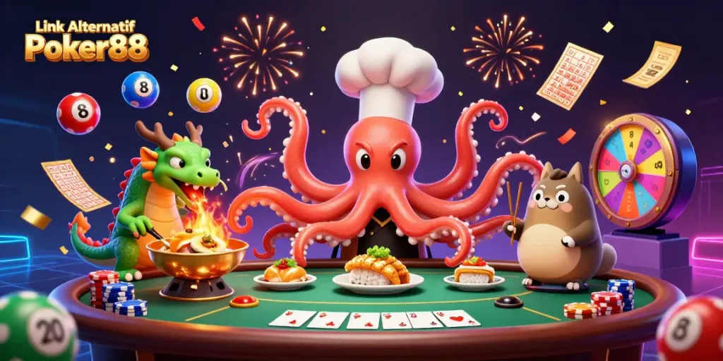 Engage with Link Alternatif Poker88 in a lively 3D scene featuring an octopus sushi chef, dragon, and tanuki!