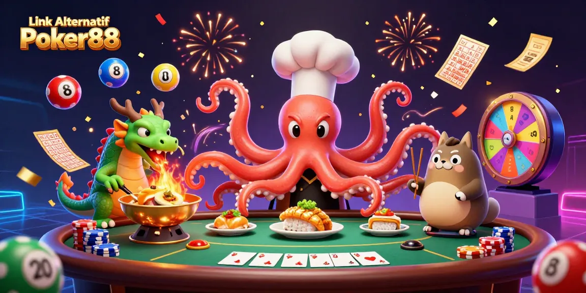 Engage with Link Alternatif Poker88 in a lively 3D scene featuring an octopus sushi chef, dragon, and tanuki!