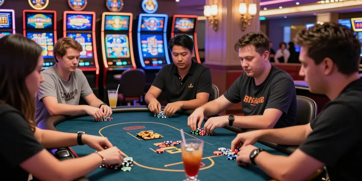 Players enjoying an engaging casino experience at a poker table featuring rokok88 rtp.