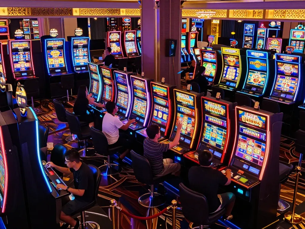 Players celebrating a win on slot gacor maxwin machines in a lively casino atmosphere, capturing excitement.