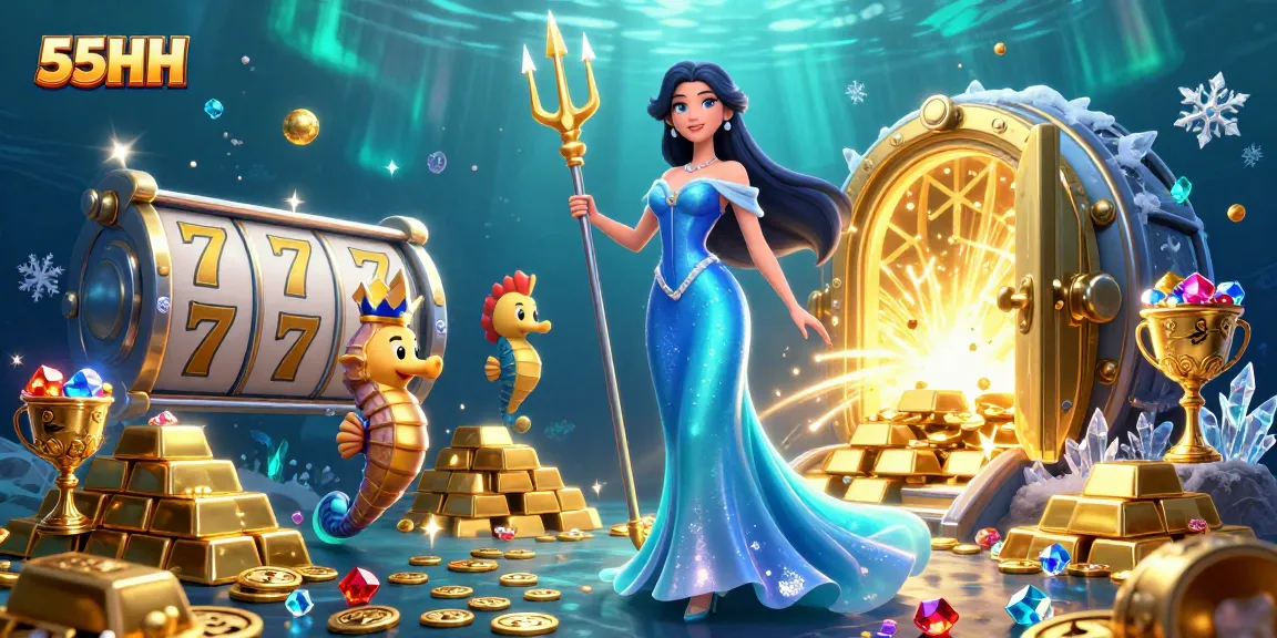 Experience the thrilling world of 55HH with our captivating underwater casino illustration full of gems and slots.