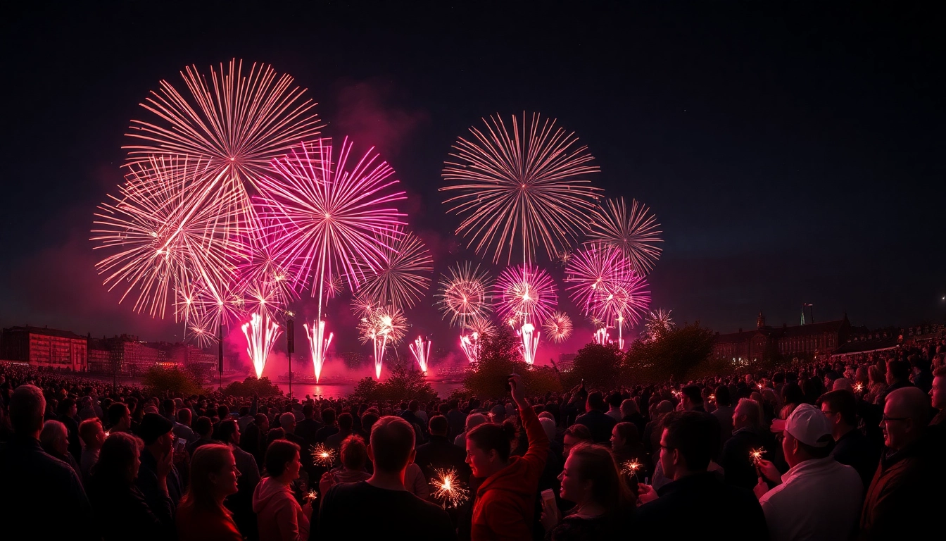 Witness the dazzling manchester fireworks illuminating the night sky, enjoyed by a vibrant crowd.