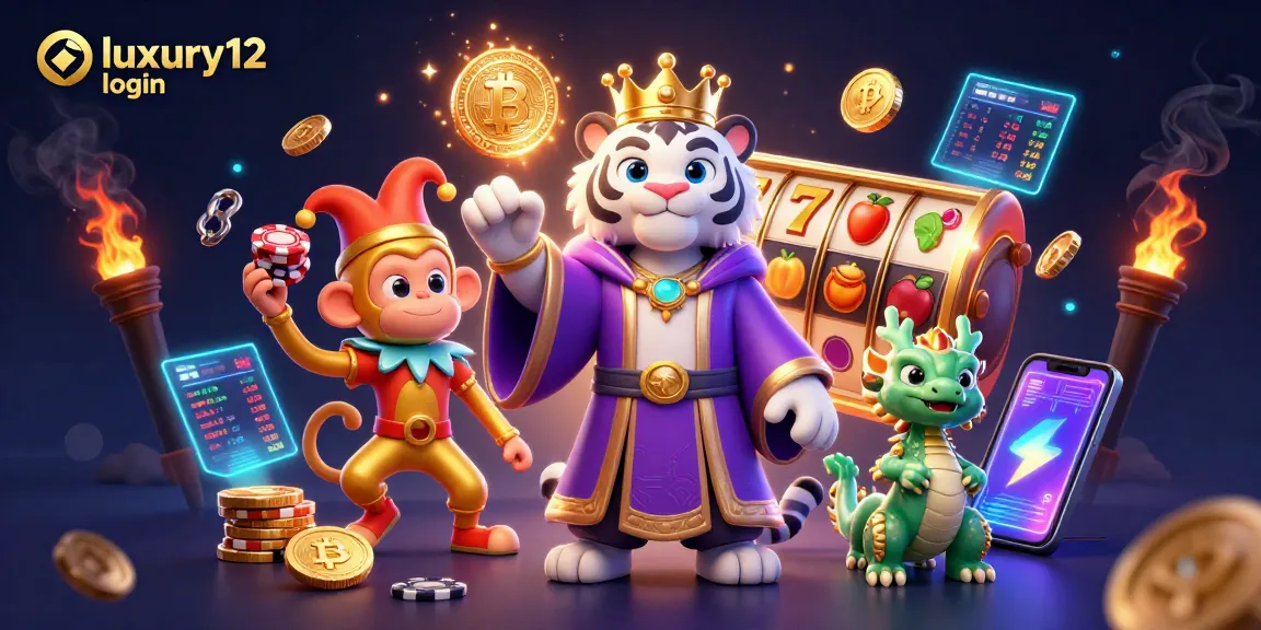 Engage in luxury12 login gaming with a vibrant 3D scene featuring a royal tiger, jester monkey, and dynamic casino elements.