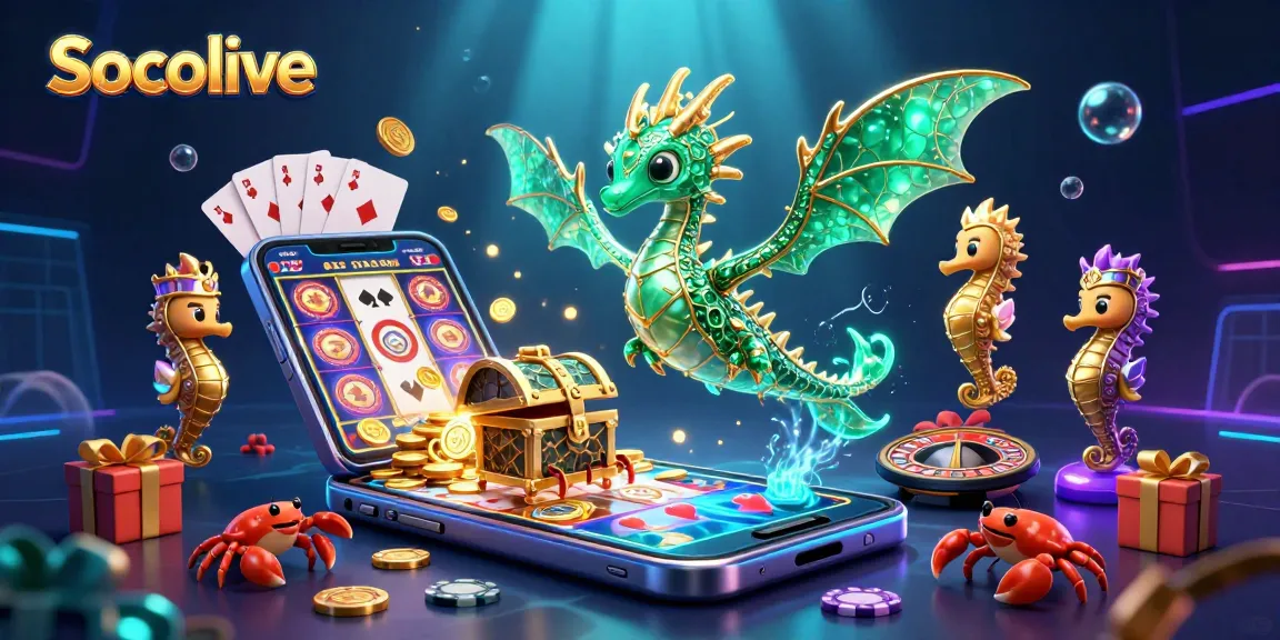 Socolive showcases an immersive gaming experience with vibrant slot games, card plays, and a rich underwater dragon theme.