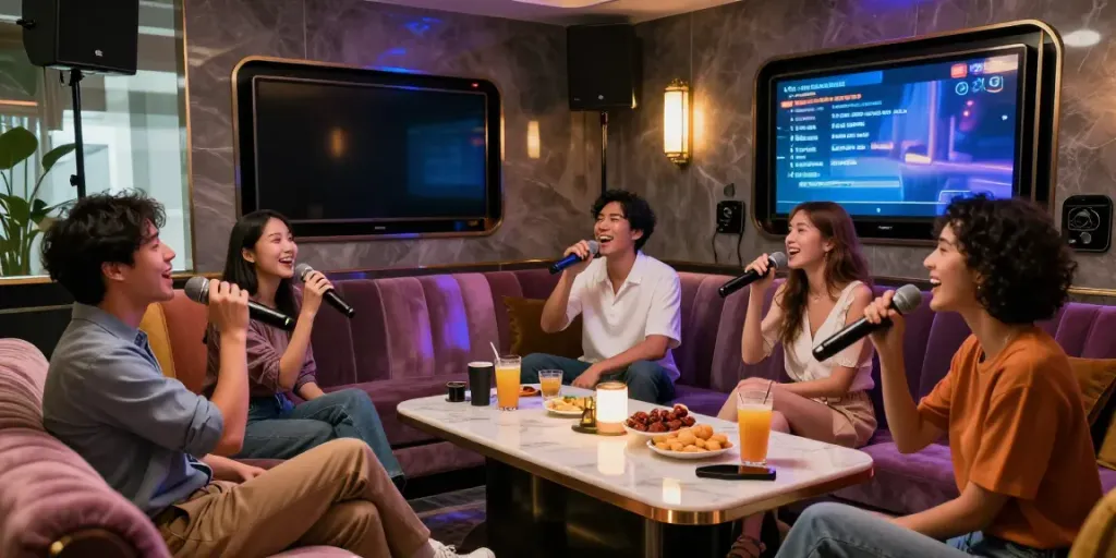 도파민 가라오케에서 친구들과 함께 즐거운 시간을 보내는 모습