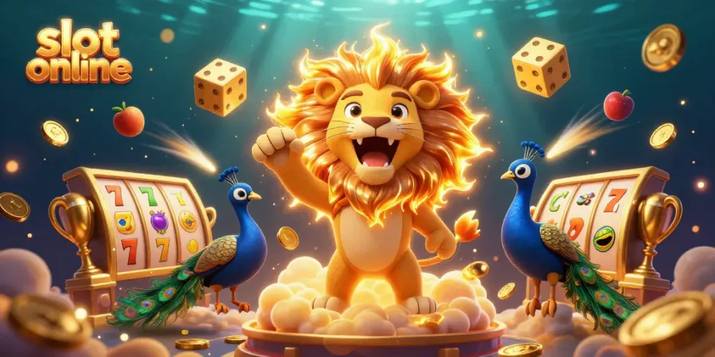 Experience exhilarating gameplay with slot online in this vivid 3D illustration featuring a roaring lion and dynamic casino elements.
