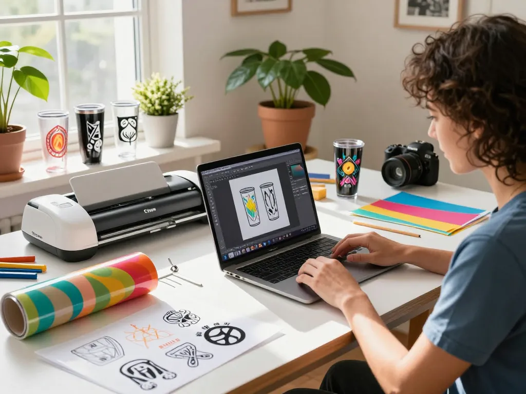 Craft enthusiast using svg bundle designs for tumbler creations in a home studio.