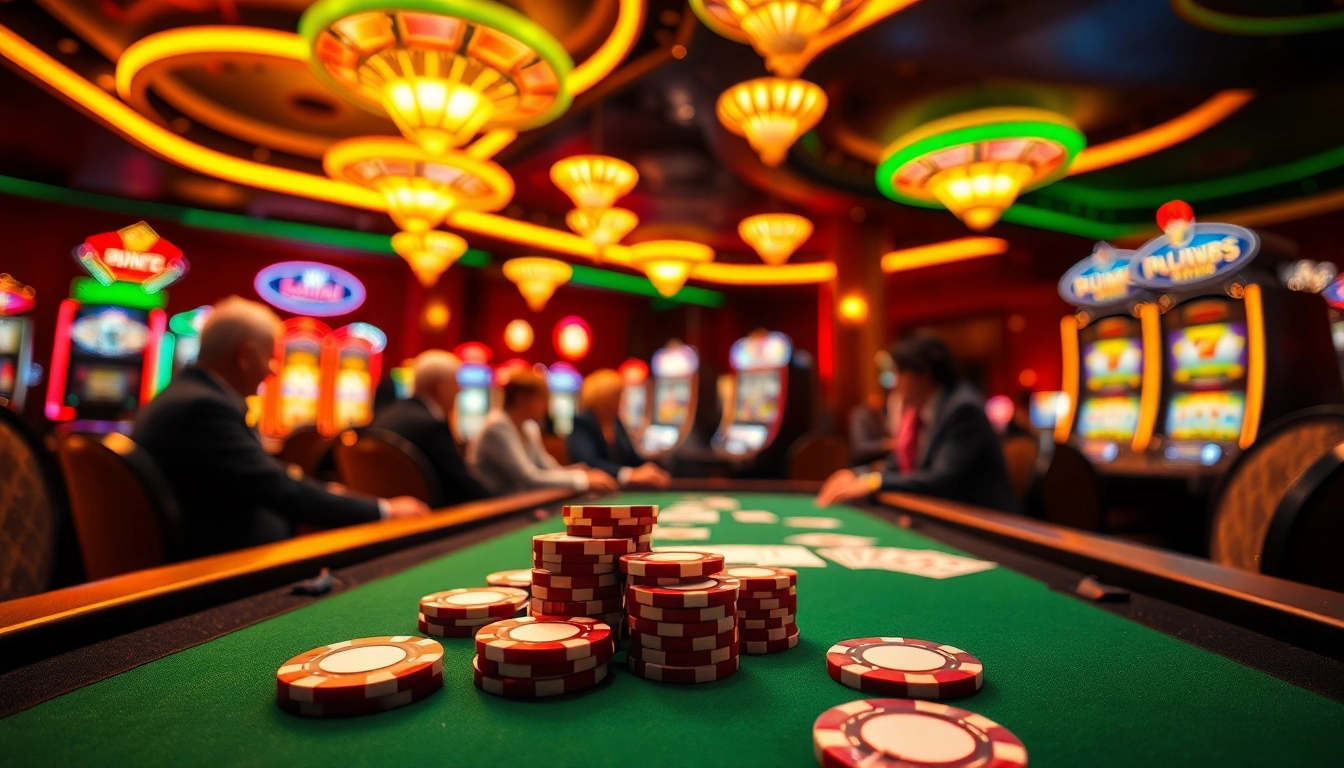 Engaged players at a Non gamstop casino UK poker table with vibrant neon lights.