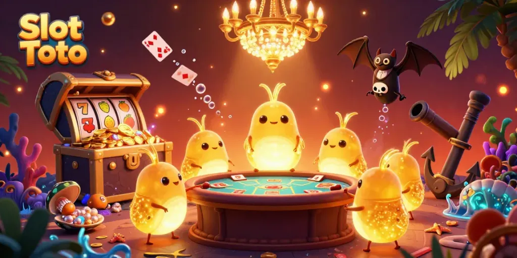 Slot Toto menampilkan tim glowworm yang menyala di kasino, menikmati suasana permainan yang ceria.