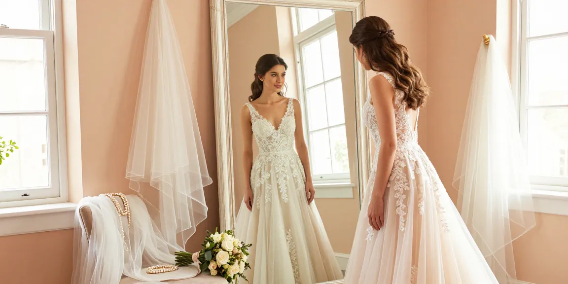 Consulenza di bridal styling, sposa che prova un abito raffinato davanti allo specchio.