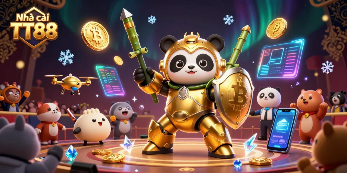 Engage with Nhà cái TT88's thrilling casino experience featuring golden panda, mech-robot, and digital game elements.