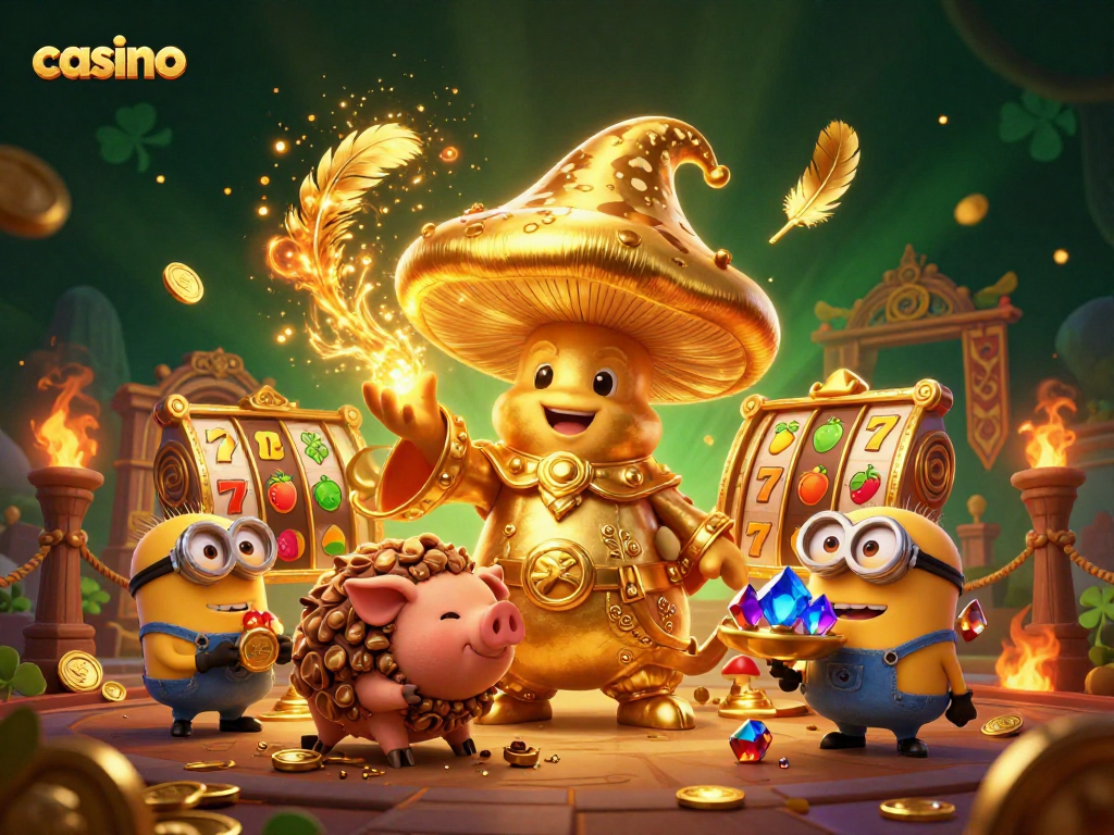 Spin the slots at a vibrant casino scene with gold and mythical characters enriching the game.
