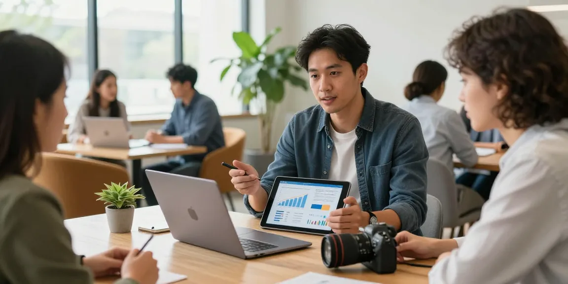 Strength up your portfolio presentation in a vibrant coworking space.