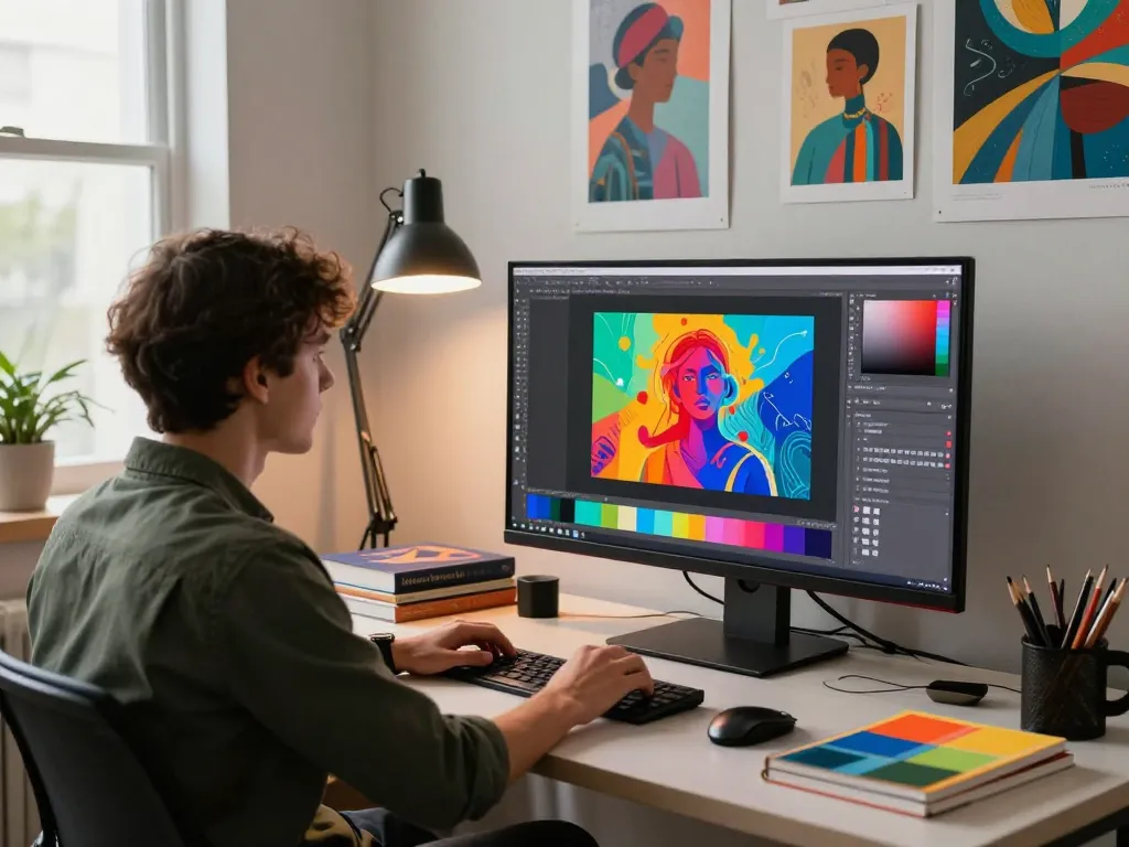 AI-Generated Images showcased by a graphic designer in a modern digital art studio.