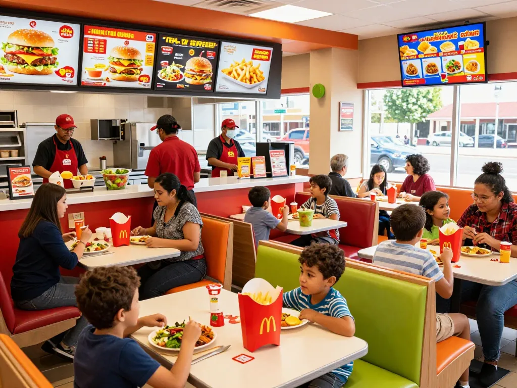 Families enjoying meals at a fast food restaurant, highlighting affordable fast food prices in 2026.