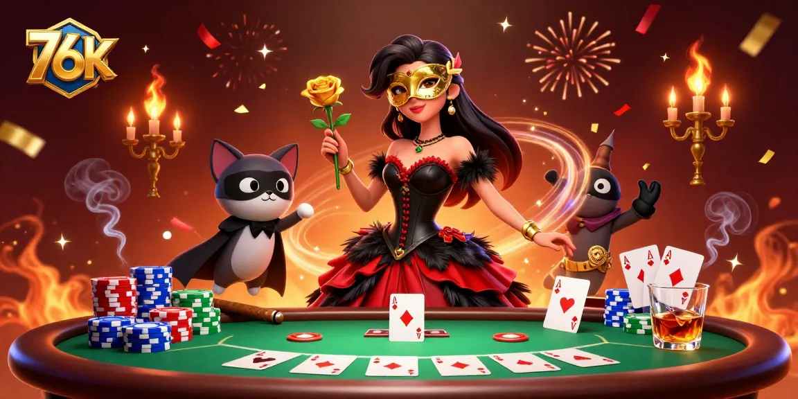 Engage with the exciting 76K casino experience, featuring a captivating woman and masked companion amidst vibrant poker elements.
