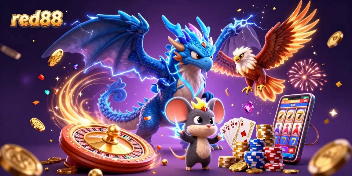 Experience the excitement of red88 with a vibrant 3D dragon, coins, and casino elements!