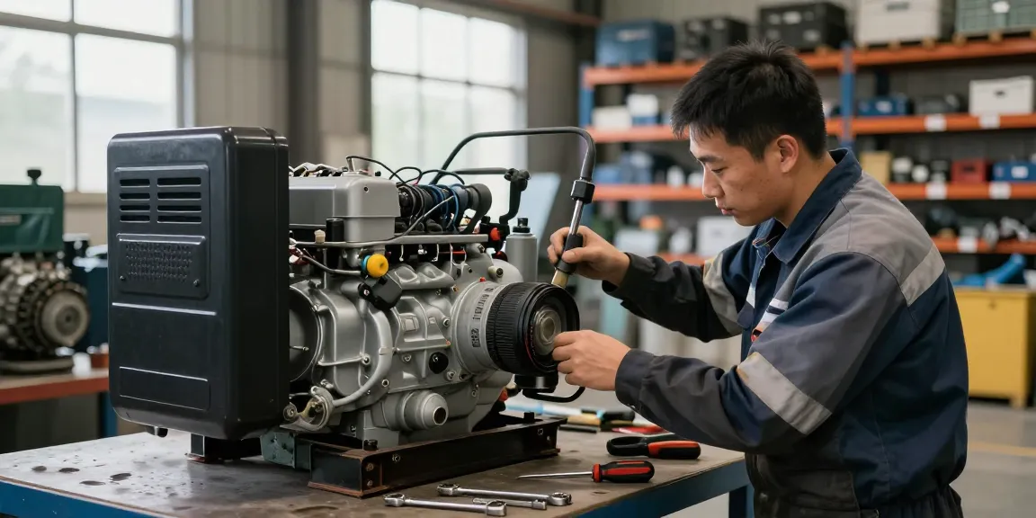 Technician servicing diesel generators in an industrial workshop, showcasing maintenance expertise and equipment.