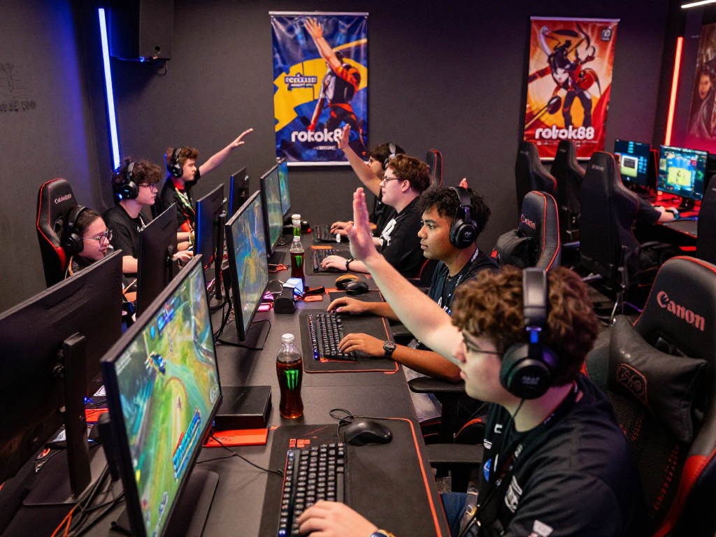 Competitive gamers enthusiastically playing rokok88 games in a vibrant tournament setup.
