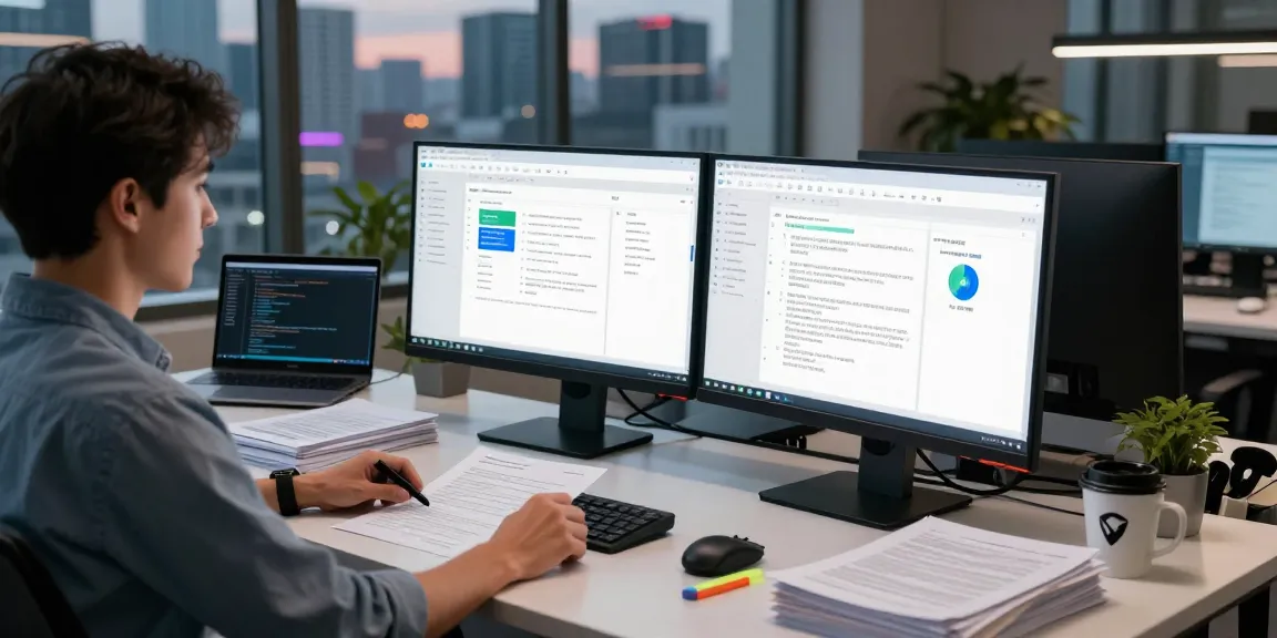 Analyst using AI technology to detect fake pdf documents in a modern workspace