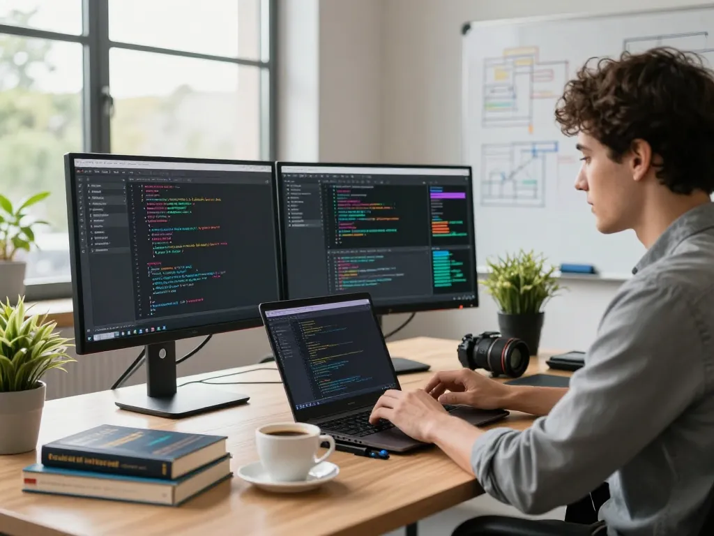Developer utilizing clawbot in a modern tech workspace with dual monitors and programming setup.