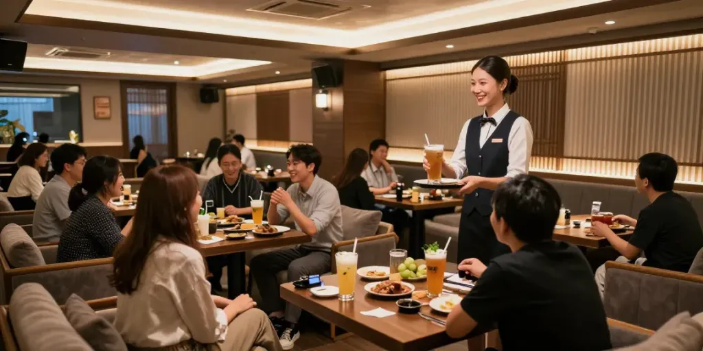 강남타이밍의 고급스러운 쩜오 내부, 전문 마담이 고객에게 음료를 제공하는 장면입니다.