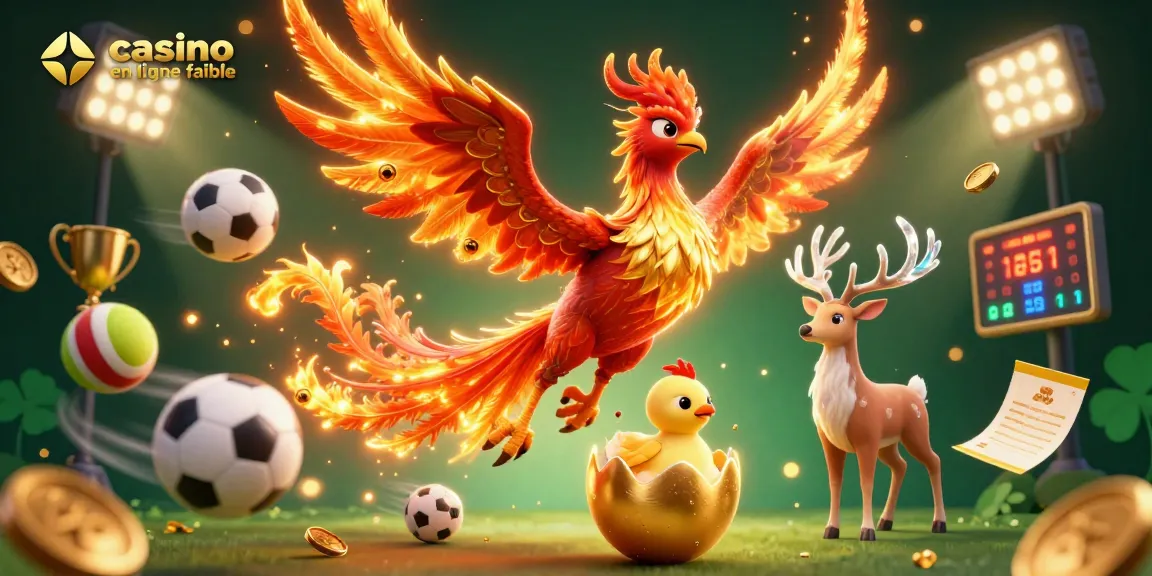 Une scène dynamique de casino en ligne fiable avec un phénix, un bébé phénix, un cerf mystique et des éléments de jeu.