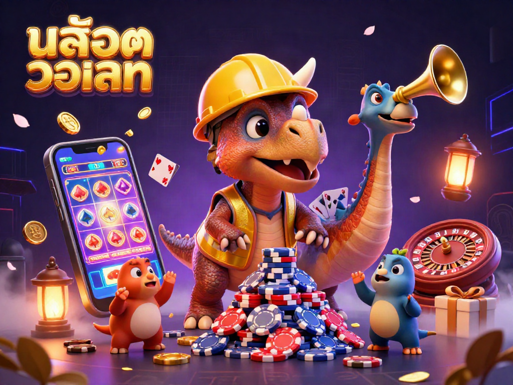 Engage with สล็อตวอเลท as a cartoon triceratops builds poker chips amid casino excitement.