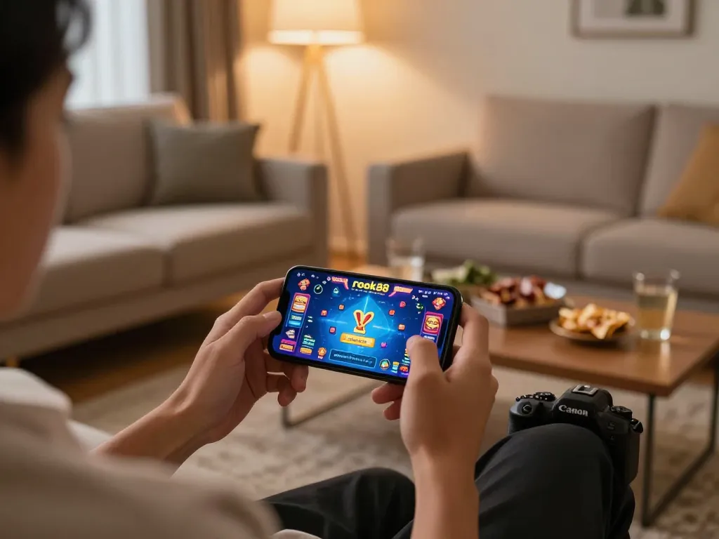 Engaging with rokok88 gaming on a smartphone in a cozy home setting, emphasizing strategic play.