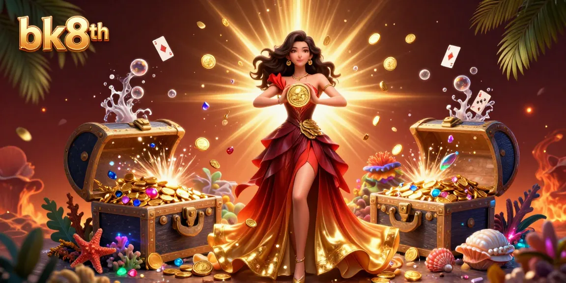 Engaging bk8th gaming experience showcasing a stunning Asian woman symbolizing luck amidst vibrant casino elements.