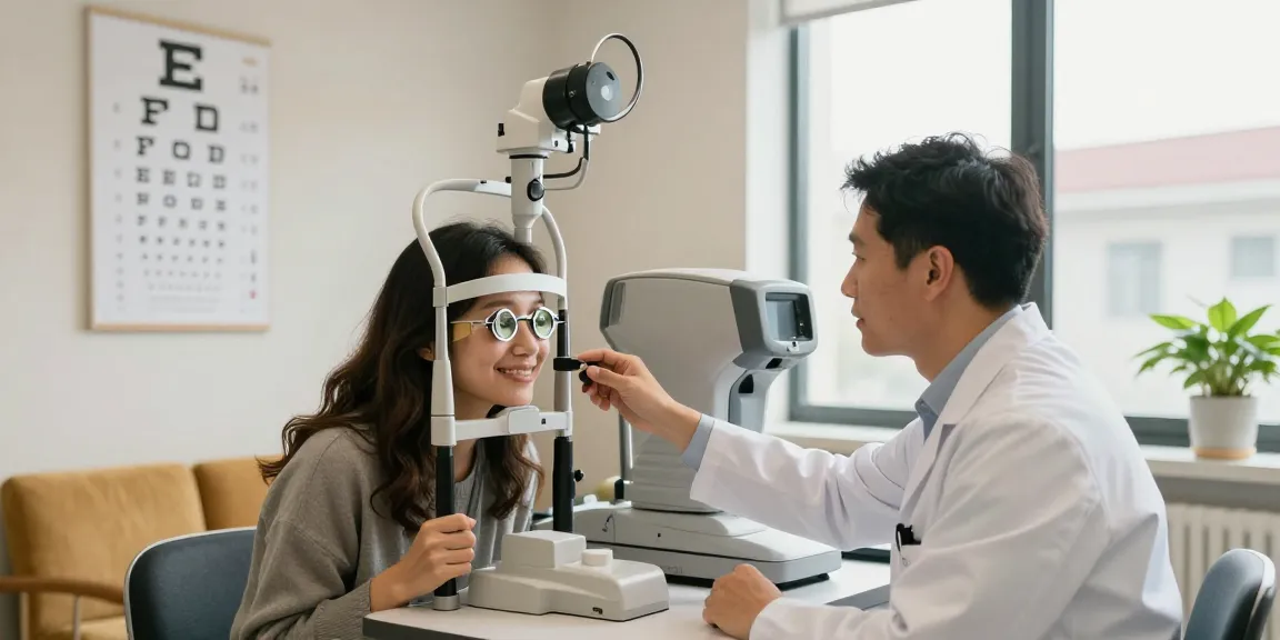 Paciente usando lentes de contato durante exame de vista em clínica moderna.