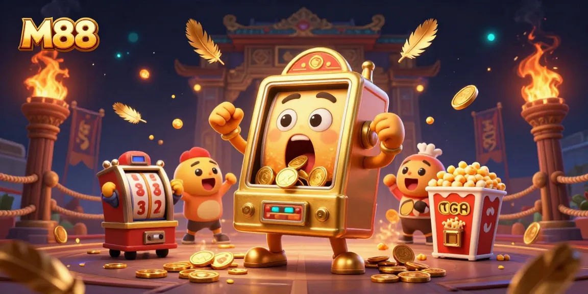 Hit the jackpot with M88's vibrant golden slot machine illustration, showcasing energetic casino action.
