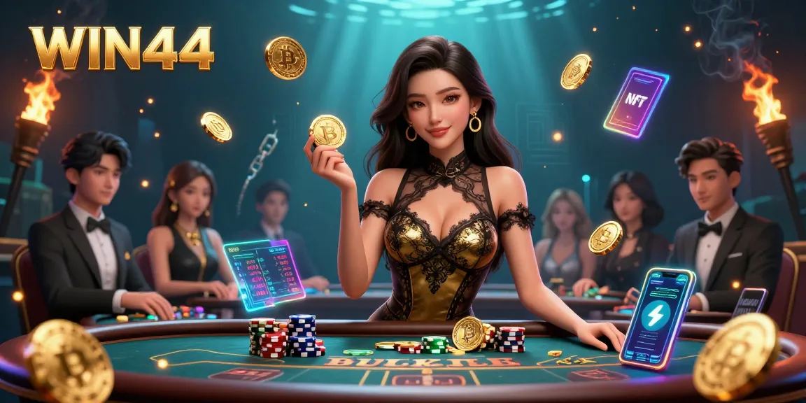 Experience high-stakes gambling with WIN444 at a VIP table, enjoying golden chips and crypto elements.