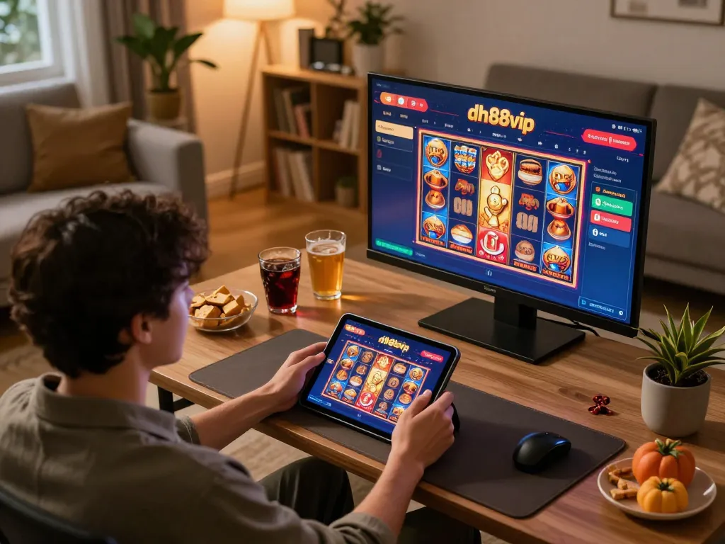 Player engaging with dh88vip app on tablet in cozy home environment.